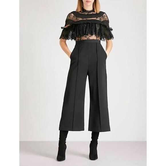 Self Portrait Fine Lace Black Cropped Wide Leg Jumpsuit. Size 2. - Picture 1 of 12